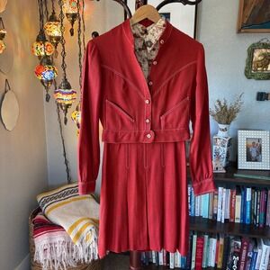 Vintage 1960s Rust Contrast Stitch Floral Bodice Midi Dress Mod Folk